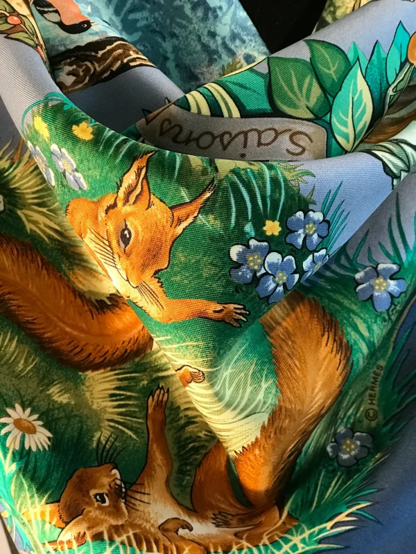 Vintage Hermes Scarf Les Quatres Saisons Robert Dallet featuring animals in blue
