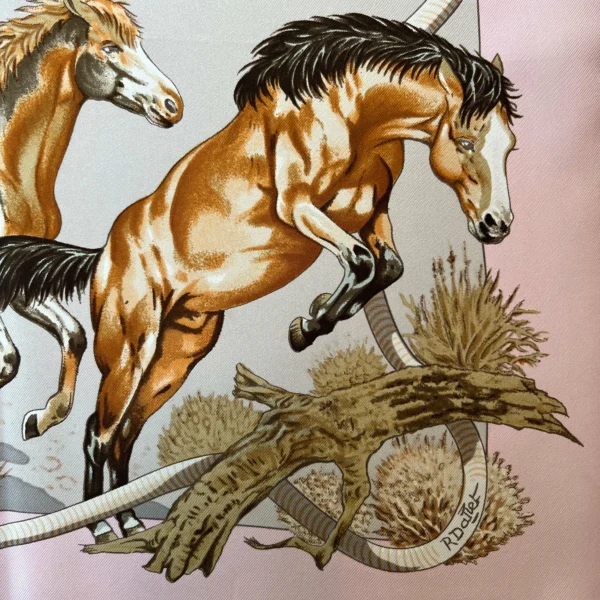 Hermes Scarf Les Mustangs by Robert Dallet in Pink