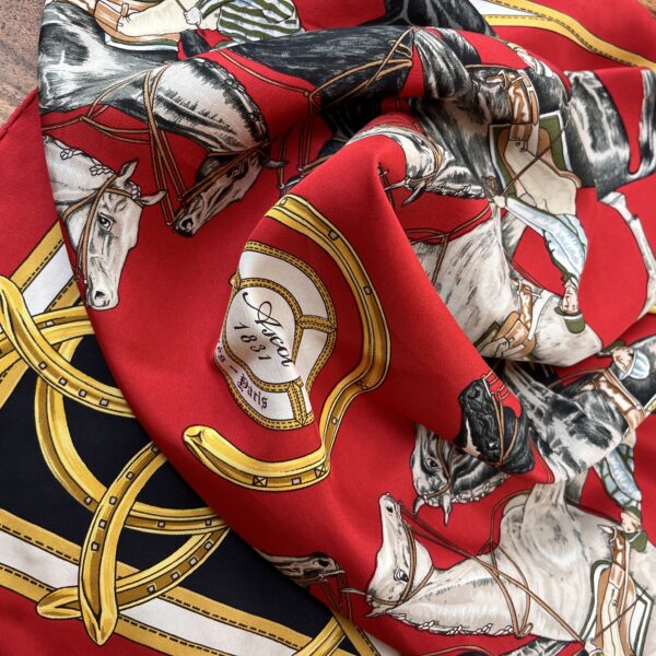 Vintage Hermes Scarf Ascot 1831 Ronde du Jockeys by Francoise de la Perriere in red