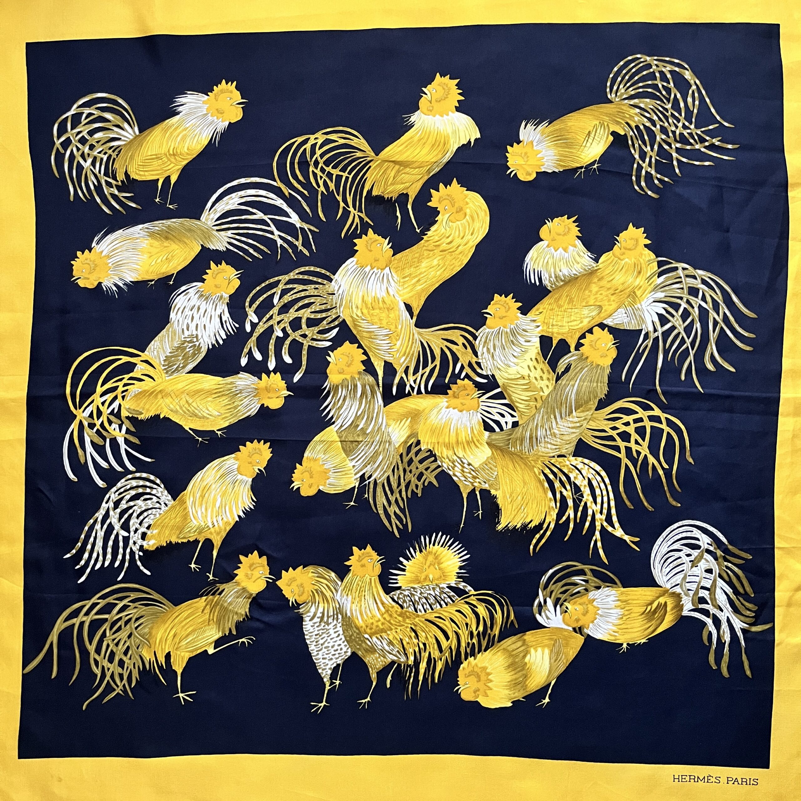 Hermes Scarf Les (Jeunes/Jaunes) Coqs Very Rare and Sought Feels Unworn